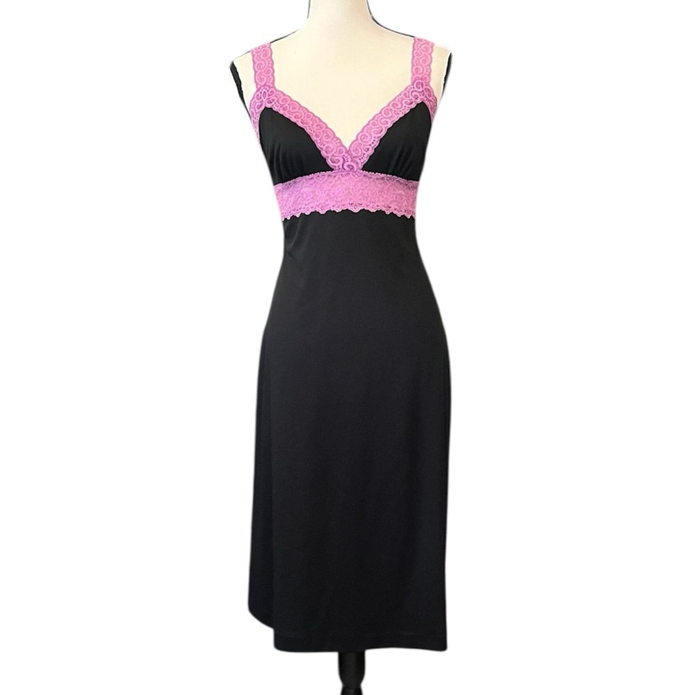 Vintage Betsey Johnson New York Black w/ Purple Sheer Lace Hollywood Slip Dress